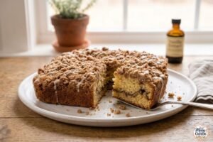 Homemade cinnamon coffee cake topped with brown sugar streusel