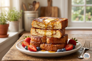 Homemade cinnamon French toast with maple syrup and fresh berries