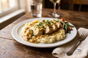 Easy crockpot chicken and gravy served over creamy mashed potatoes