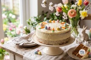 Easy Easter carrot cake with cream cheese frosting and pastel Easter decorations