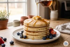 Stack of fluffy homemade pancakes with butter and maple syrup