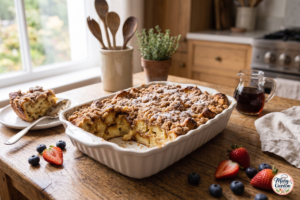Easy cinnamon French toast casserole with berries and maple syrup