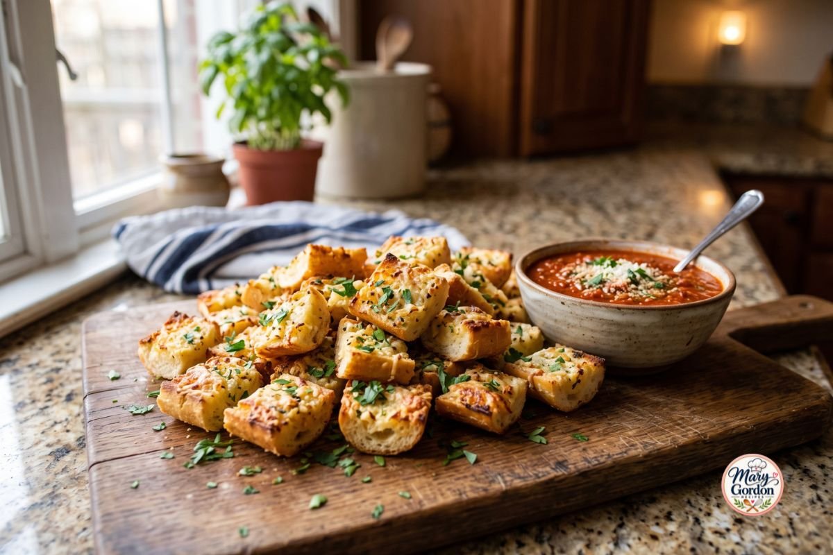 Crispy garlic Parmesan bread bites with fresh parsley served with marinara sauce