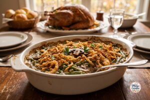 Creamy green bean casserole topped with crispy golden fried onions