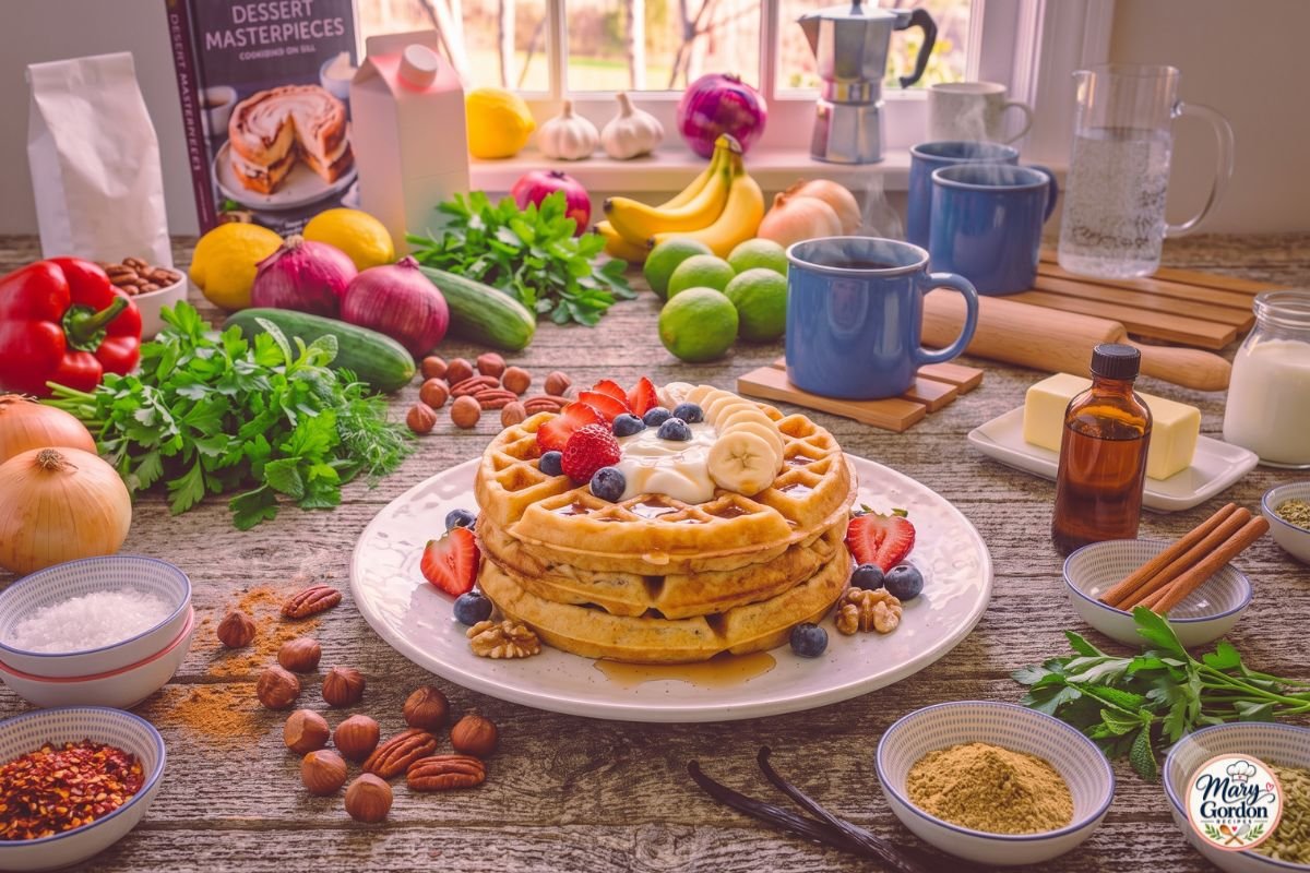 Easy healthy protein waffles topped with fresh berries, banana slices, Greek yogurt, and maple syrup