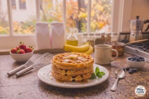 Easy homemade waffles with crispy golden edges, fresh berries and maple syrup