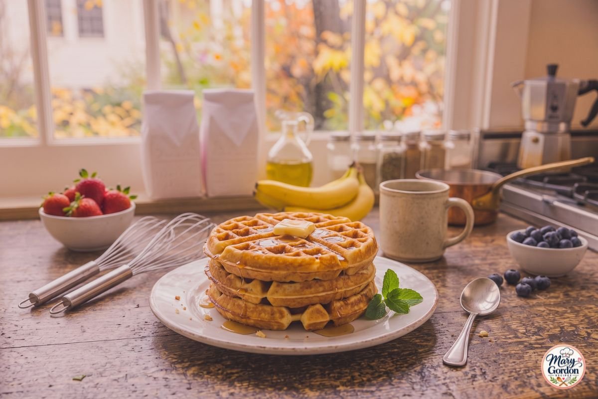 Easy homemade waffles with crispy golden edges, fresh berries and maple syrup