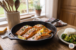 Honey garlic salmon fillets with lemon and fresh parsley
