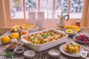 Easy keto breakfast casserole with eggs, sausage, bacon, spinach and melted cheese