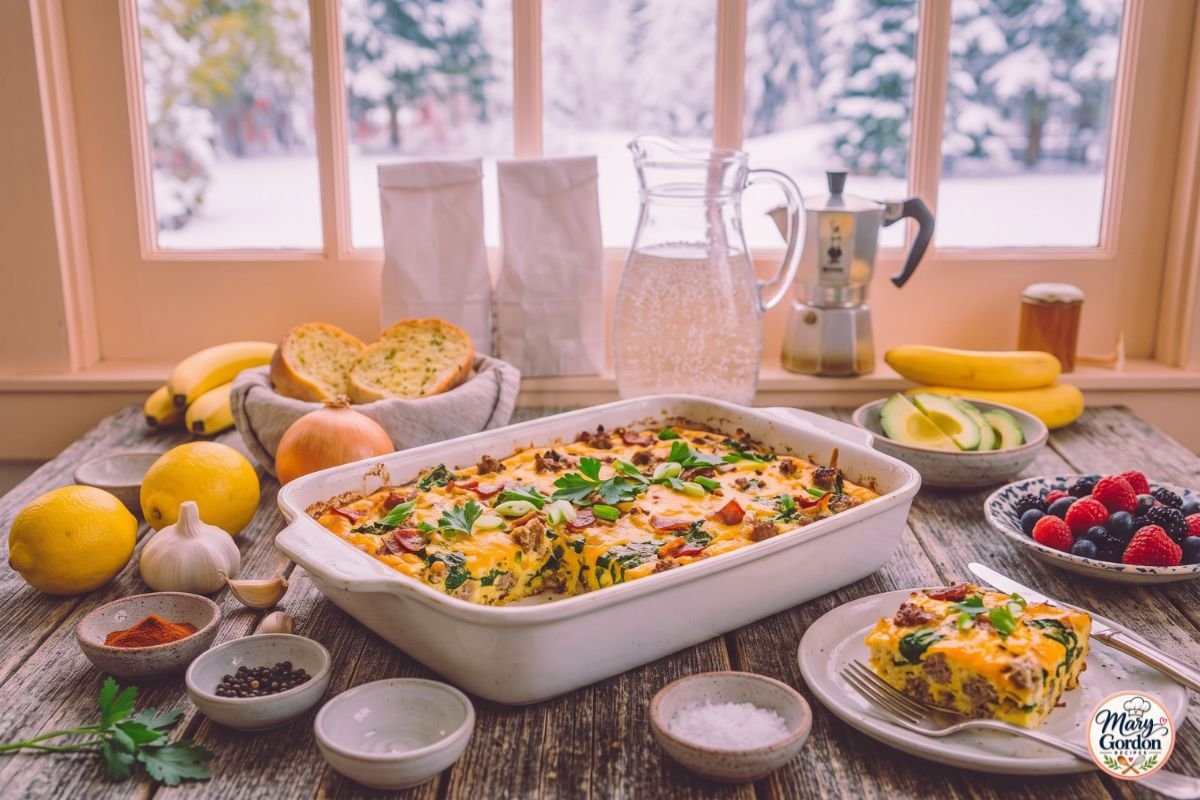 Easy keto breakfast casserole with eggs, sausage, bacon, spinach and melted cheese