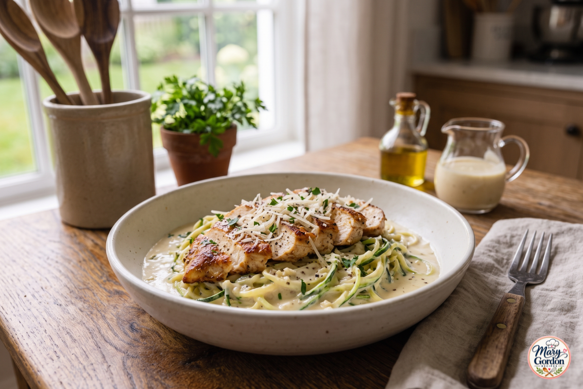 Keto chicken Alfredo with zucchini noodles and creamy Parmesan sauce