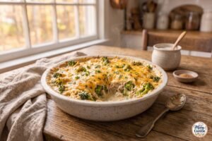Easy keto chicken casserole with creamy sauce, broccoli, chicken and melted cheese