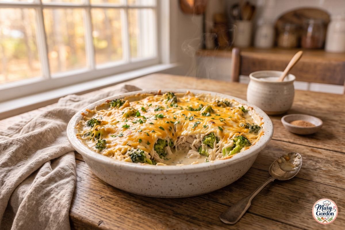 Easy keto chicken casserole with creamy sauce, broccoli, chicken and melted cheese