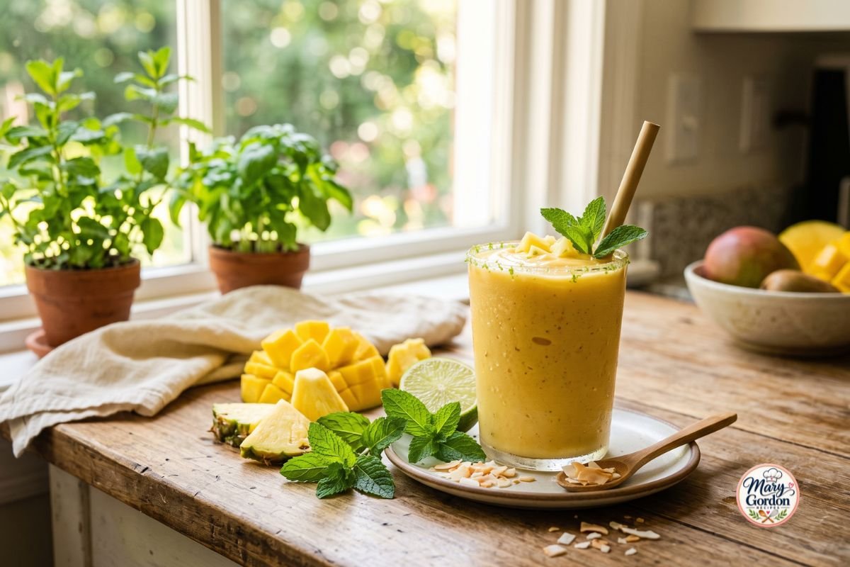 Creamy mango pineapple smoothie with fresh tropical fruit and mint