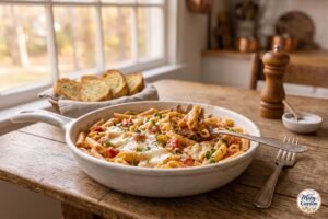 Easy one-pan pasta with creamy tomato sauce, Parmesan and fresh basil