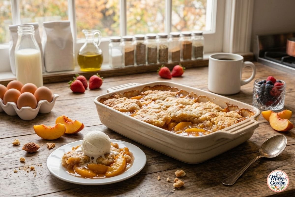Easy homemade peach cobbler with juicy peaches and golden buttery topping