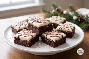 Fudgy peppermint brownies topped with peppermint frosting and crushed candy canes