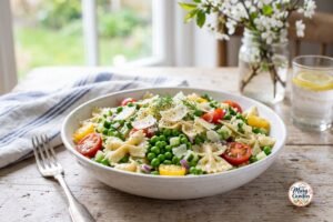 Creamy spring pea pasta salad with fresh vegetables, herbs, and Parmesan