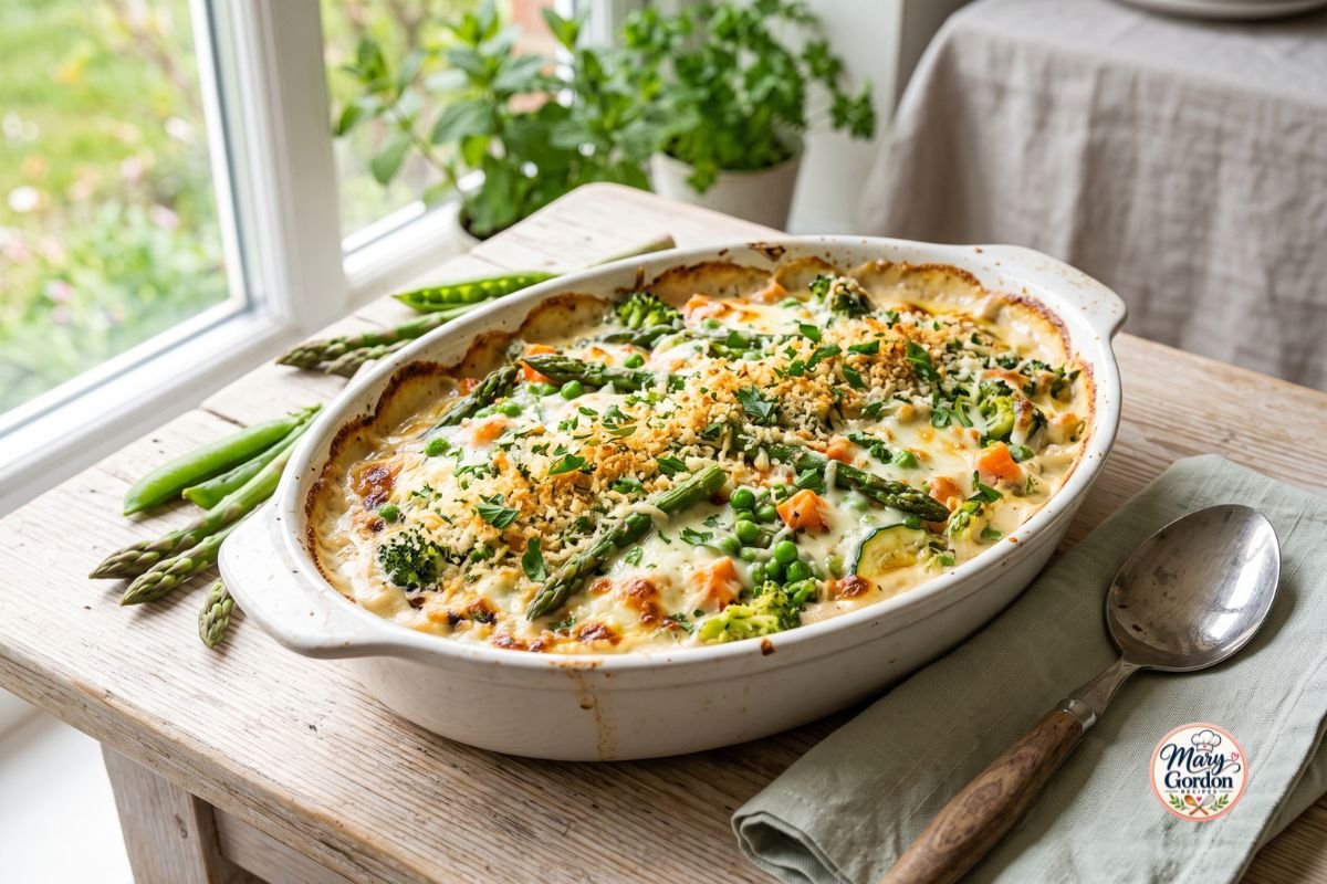 Creamy spring vegetable casserole with asparagus, peas, broccoli, carrots, and cheese