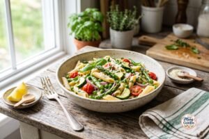 Easy spring vegetable pasta with asparagus, peas, zucchini, cherry tomatoes, and Parmesan sauce