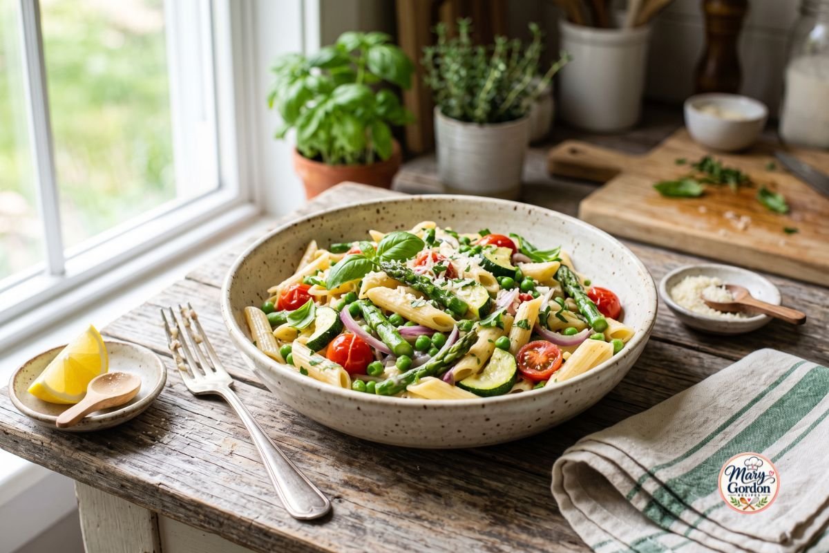 Easy spring vegetable pasta with asparagus, peas, zucchini, cherry tomatoes, and Parmesan sauce