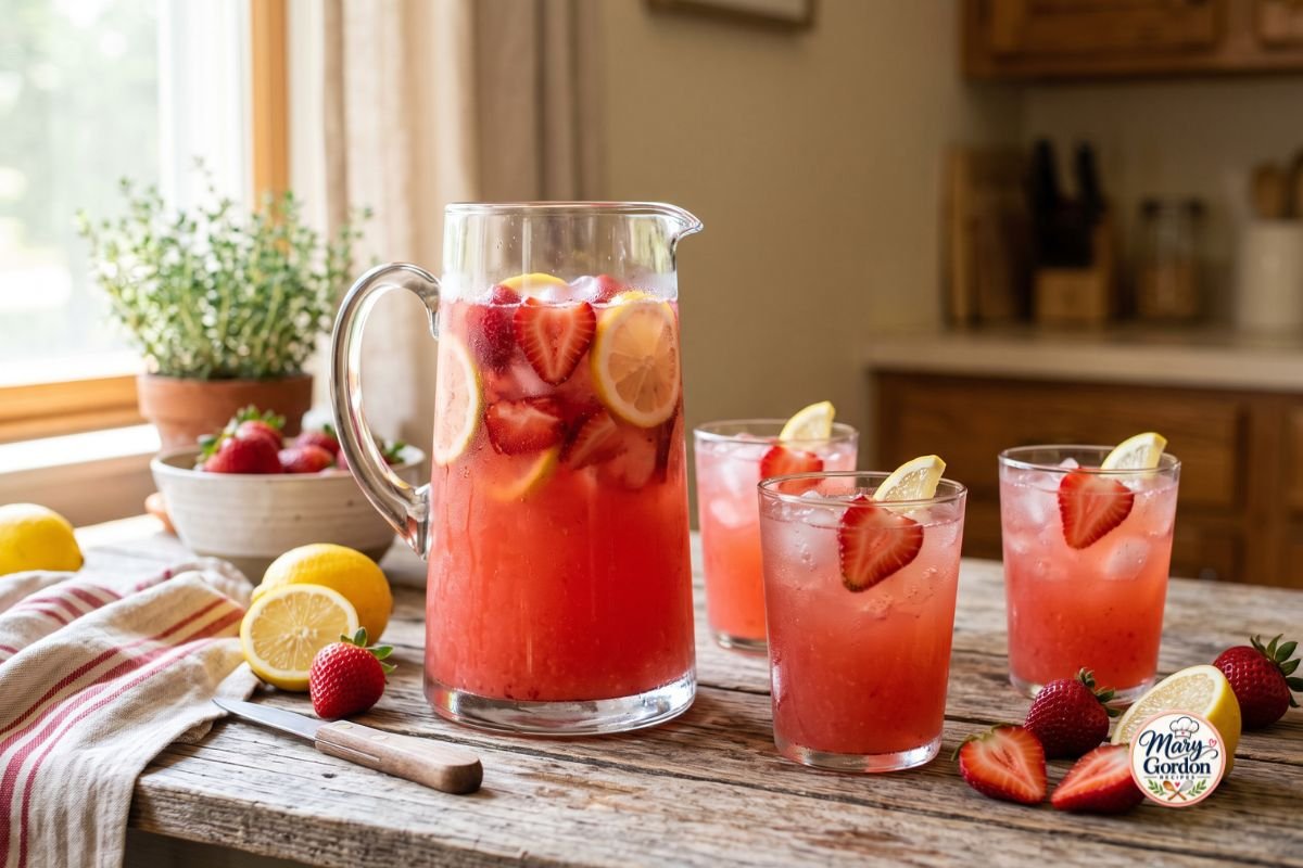 Easy strawberry lemonade served over ice with fresh strawberries and lemon slices
