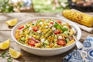 Summer corn pasta salad with tomatoes, cucumber, feta, fresh herbs, and lemon dressing
