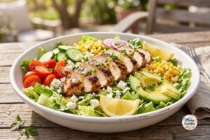 Easy summer grilled chicken salad with juicy grilled chicken, avocado, corn, tomatoes, cucumber, and lemon dressing