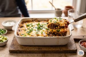 Cheesy taco casserole with seasoned ground beef, beans, tortillas and salsa
