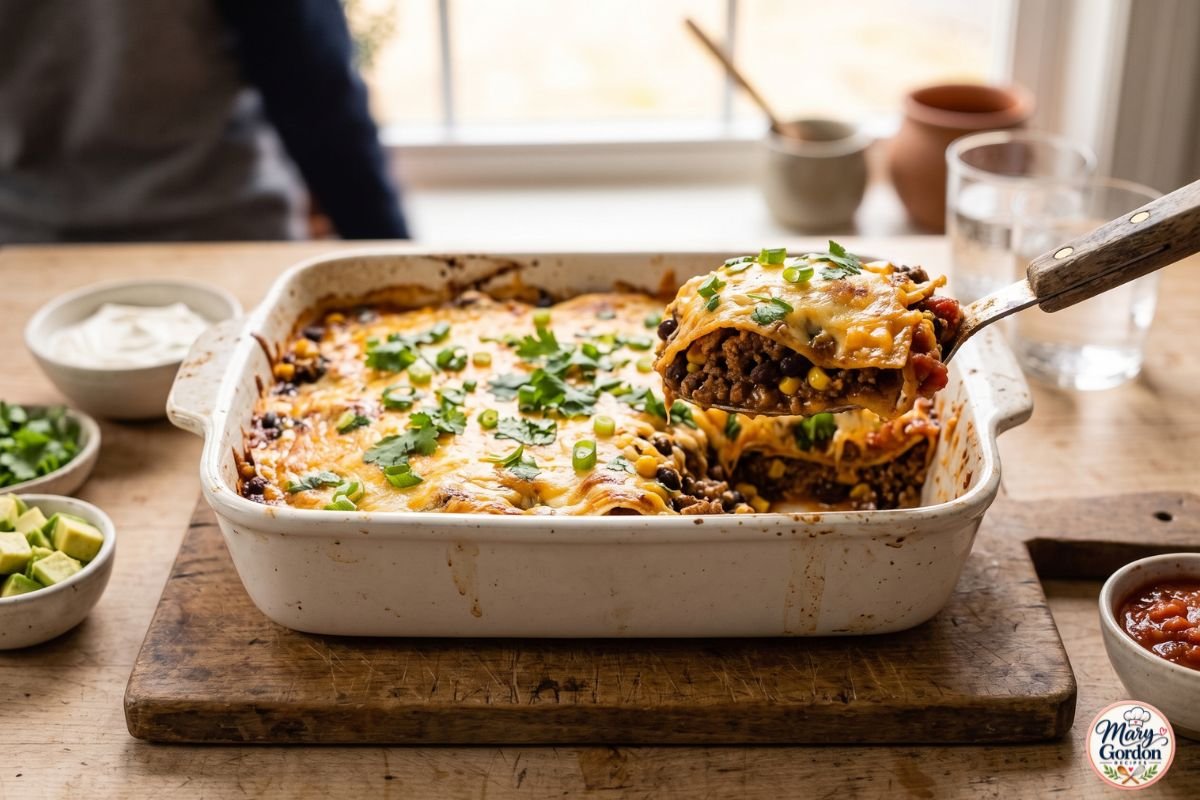 Cheesy taco casserole with seasoned ground beef, beans, tortillas and salsa