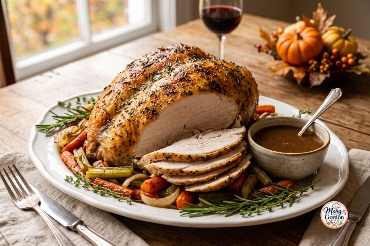 Easy Thanksgiving turkey breast roasted with garlic, herbs, butter, and lemon until golden and juicy