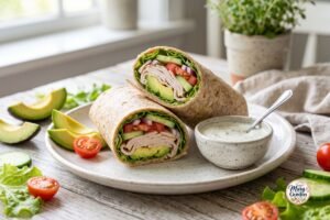 Easy turkey avocado wrap with sliced turkey, avocado, lettuce, tomato, cucumber, and creamy spread