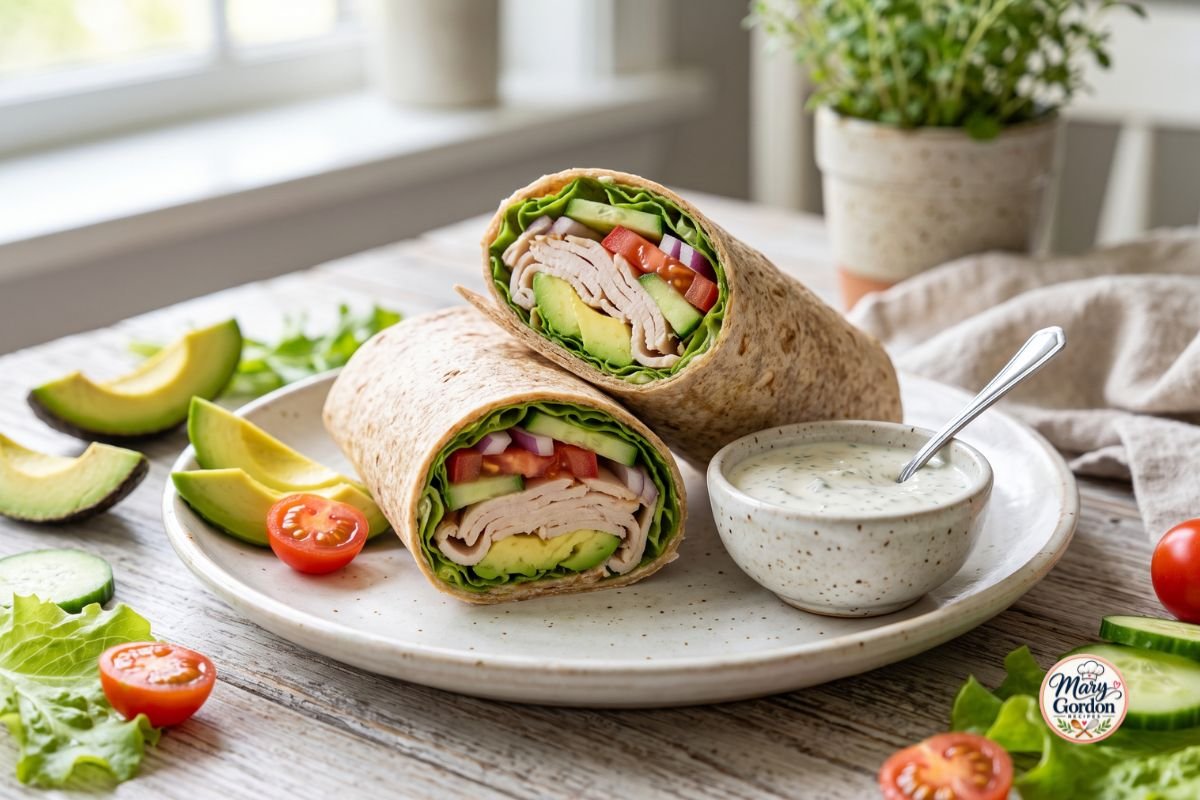 Easy turkey avocado wrap with sliced turkey, avocado, lettuce, tomato, cucumber, and creamy spread