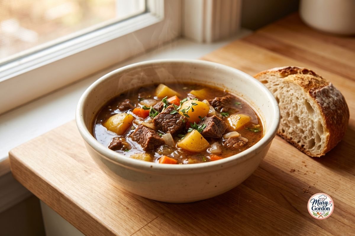 Easy winter beef stew with tender beef, potatoes, carrots, onions, and rich savory broth