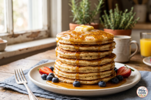 Stack of fluffy buttermilk pancakes with butter and maple syrup