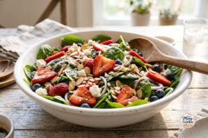 Fresh strawberry spinach salad with feta cheese, toasted almonds, and balsamic dressing