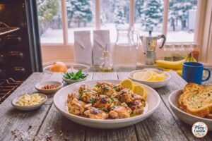 Garlic butter chicken bites with golden chicken pieces, fresh parsley and lemon