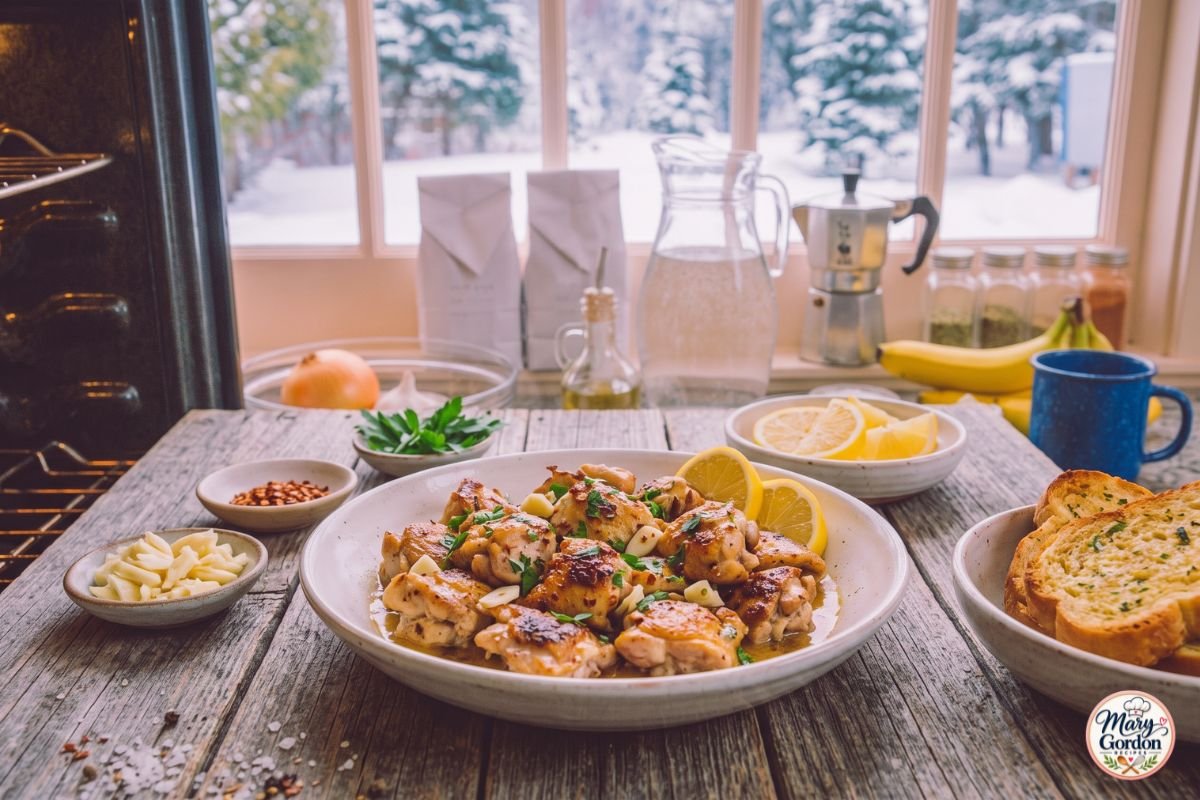 Garlic butter chicken bites with golden chicken pieces, fresh parsley and lemon
