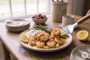 Garlic butter shrimp with lemon, parsley and rice served on a white plate