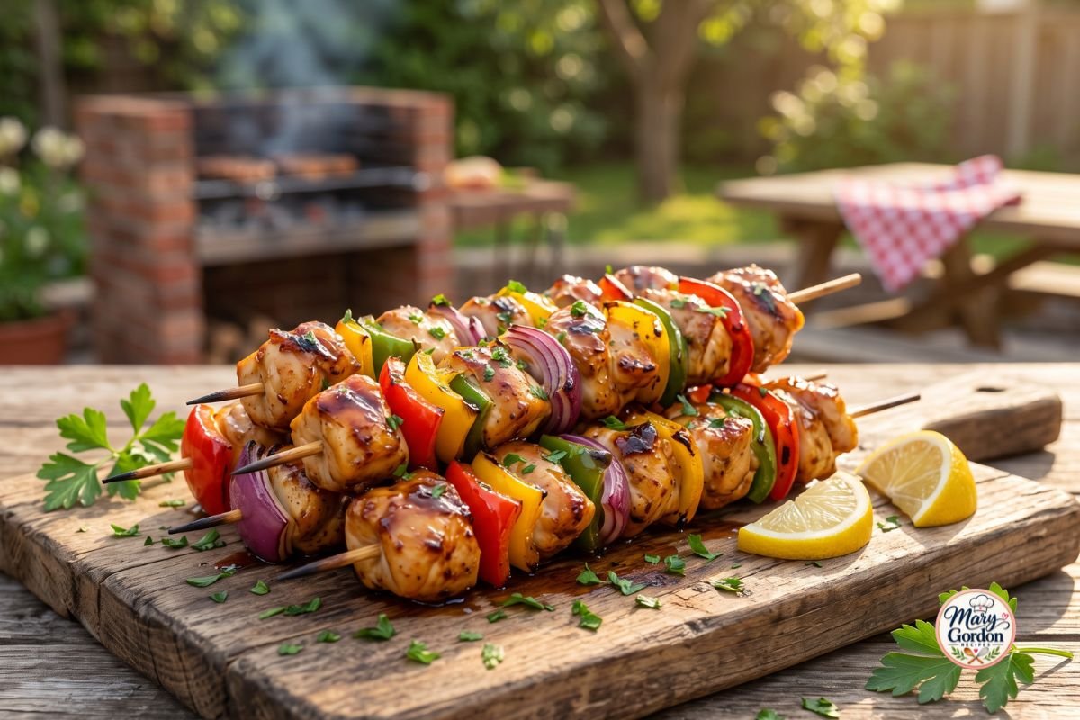 Grilled BBQ chicken skewers with colorful bell peppers and red onion