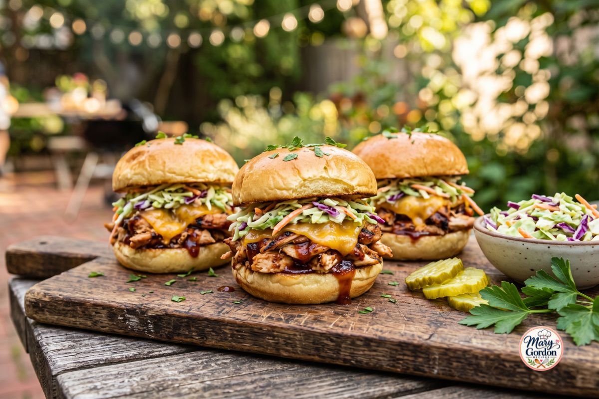 Grilled BBQ chicken sliders with melted cheddar cheese and crunchy coleslaw