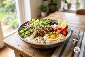 Grilled chicken hummus bowl with rice, fresh vegetables, feta, and creamy hummus