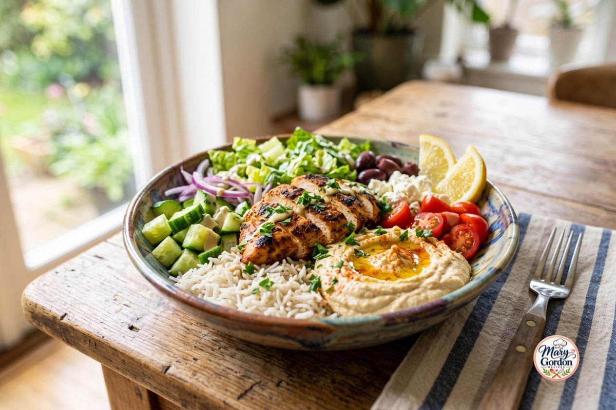 Grilled chicken hummus bowl with rice, fresh vegetables, feta, and creamy hummus