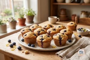 Soft high protein blueberry muffins filled with juicy blueberries