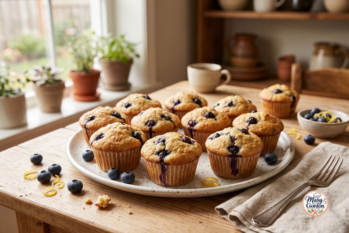 Soft high protein blueberry muffins filled with juicy blueberries