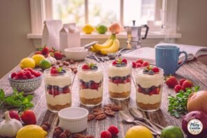 High protein cheesecake jars layered with creamy cheesecake filling, graham cracker crust, and fresh berries