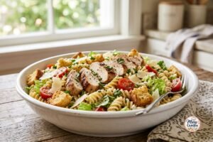 High protein chicken Caesar pasta salad with grilled chicken, pasta, romaine, Parmesan, and creamy dressing