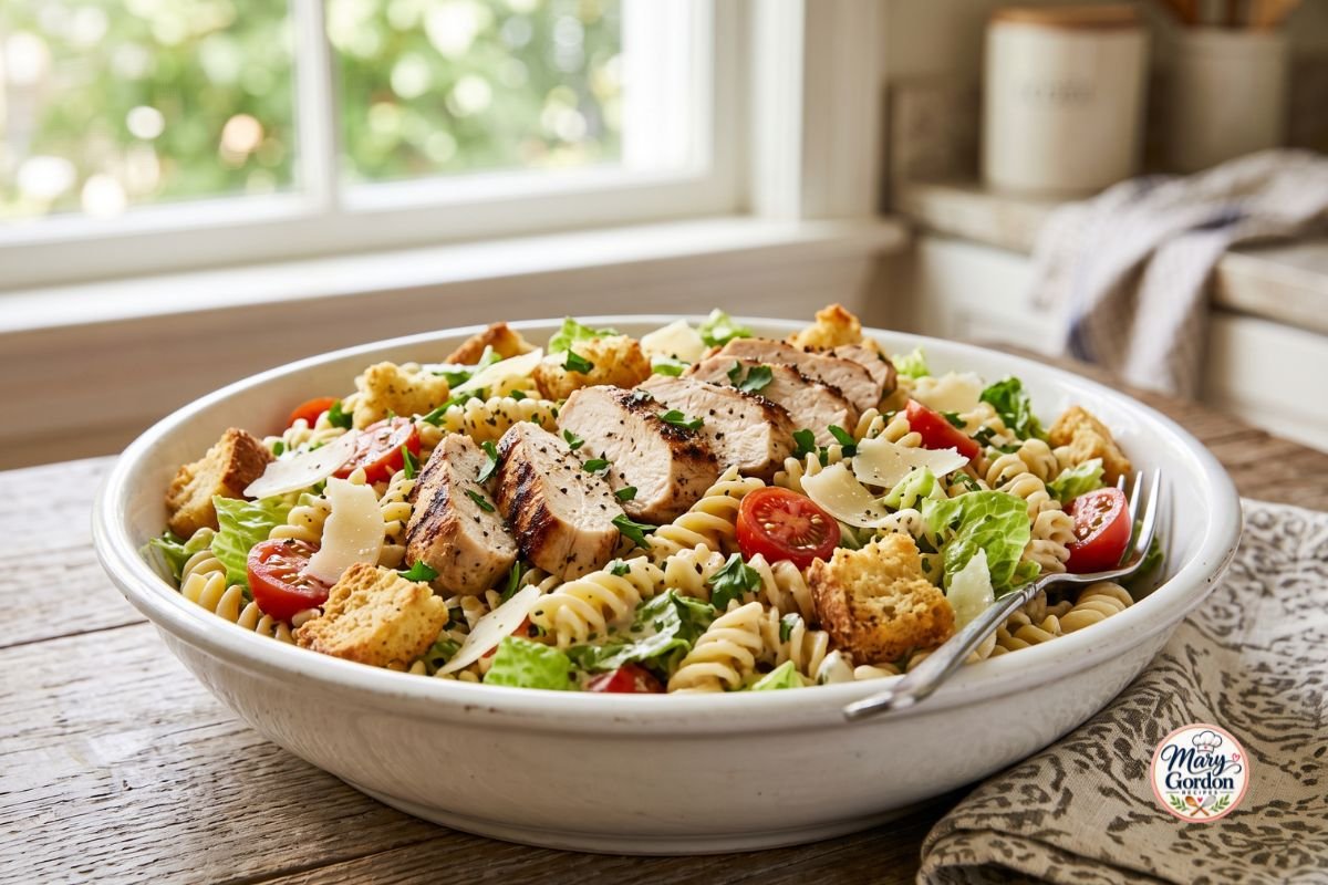 High protein chicken Caesar pasta salad with grilled chicken, pasta, romaine, Parmesan, and creamy dressing