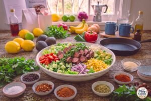 High protein chopped chimichurri steak salad with juicy steak, avocado, tomatoes, cucumber, and fresh herbs