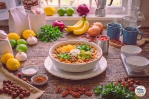 High protein turkey pumpkin white bean chili topped with cheddar, avocado, cilantro, and pumpkin seeds